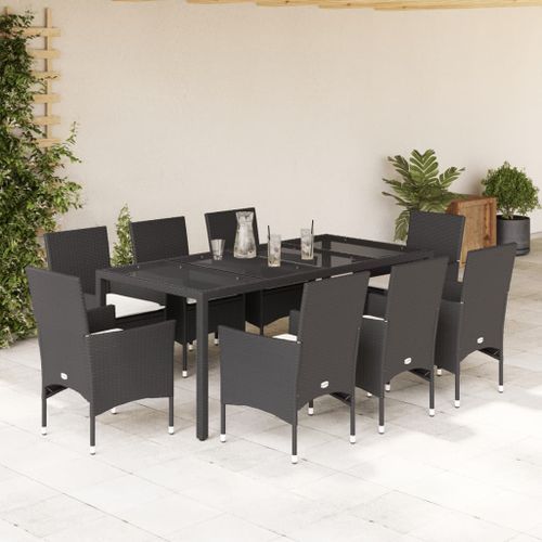 Ensemble à manger de jardin et coussins 9 pcs noir rotin verre - Photo n°2; ?>