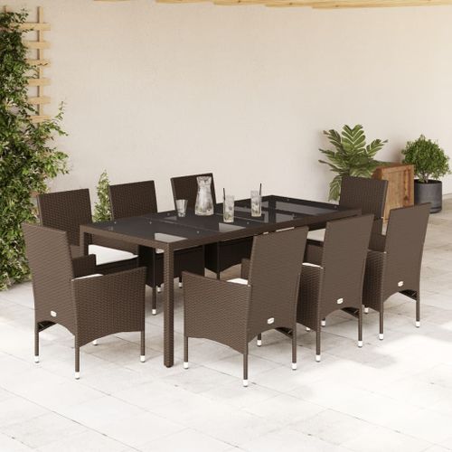 Ensemble à manger de jardin et coussins 9pcs marron rotin verre - Photo n°2; ?>