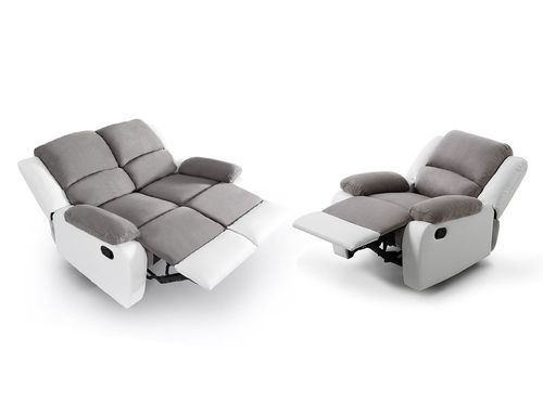 Ensemble canapé relaxation électrique 2 places et 1 fauteuil simili cuir blanc et microfibre gris Confort - Photo n°2; ?>