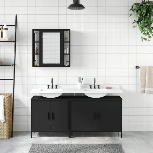 Ensemble d'armoires salle de bain 3 pcs noir bois d'ingénierie - Photo n°3; ?>