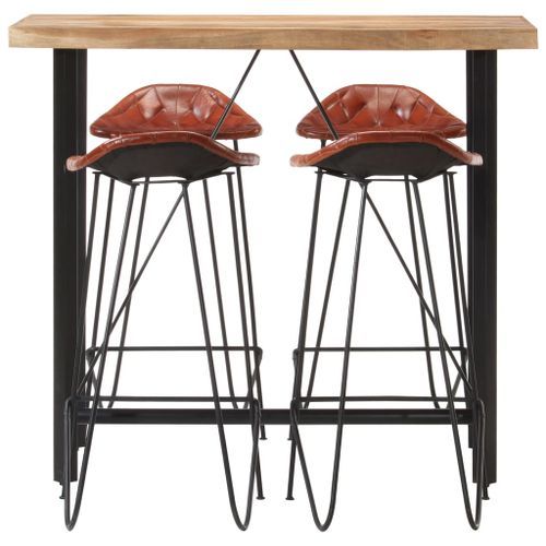 Ensemble de bar 5 pcs Bois solide et cuir véritable 2 - Photo n°2; ?>