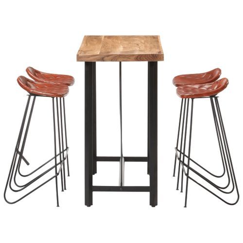 Ensemble de bar 5 pcs Bois solide et cuir véritable 2 - Photo n°3; ?>