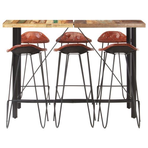 Ensemble de bar 7 pcs Bois de récupération et cuir véritable 2 - Photo n°2; ?>