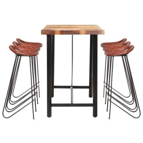 Ensemble de bar 7 pcs Bois de récupération et cuir véritable 2 - Photo n°3; ?>