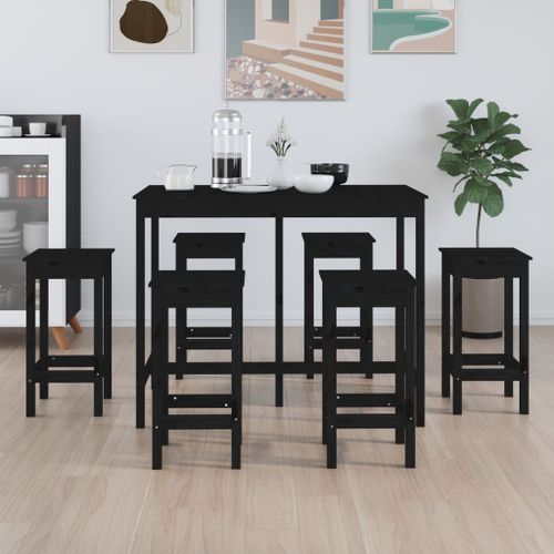 Ensemble de bar 7 pcs Noir Bois de pin massif - Photo n°2; ?>