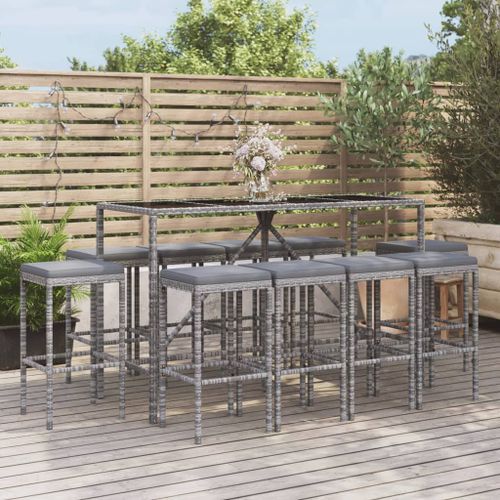 Ensemble de bar de jardin 11 pcs avec coussins gris poly rotin - Photo n°2; ?>