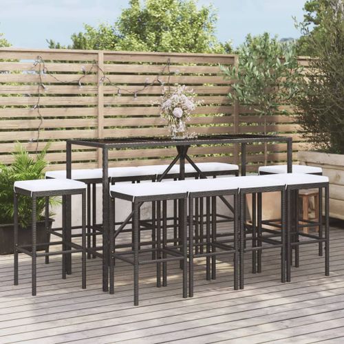 Ensemble de bar de jardin 11 pcs avec coussins noir poly rotin - Photo n°2; ?>