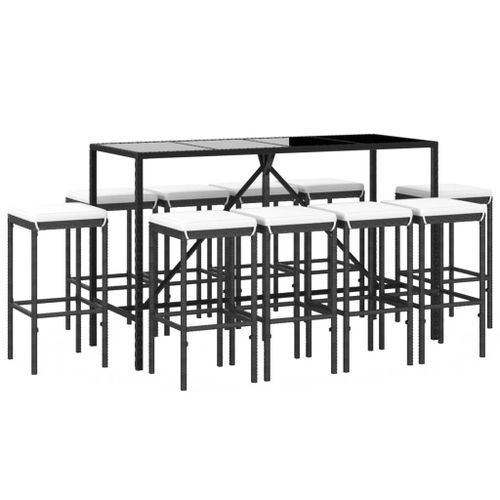 Ensemble de bar de jardin 11 pcs avec coussins noir poly rotin - Photo n°3; ?>