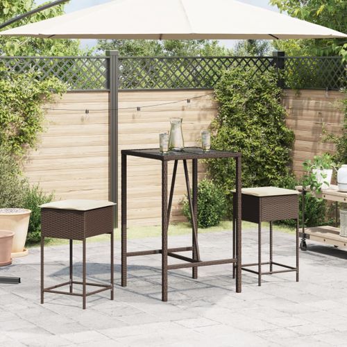 Ensemble de bar de jardin 3 pcs et coussins brun résine tressée - Photo n°3; ?>