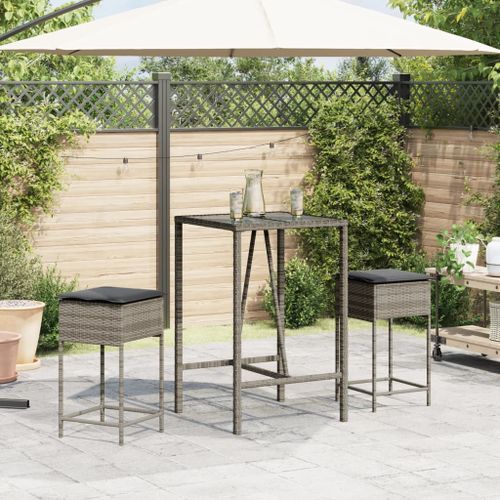 Ensemble de bar de jardin 3 pcs et coussins gris résine tressée - Photo n°3; ?>