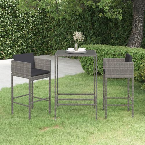 Ensemble de bar de jardin 3 pcs et coussins Résine tressée Gris 9 - Photo n°2; ?>