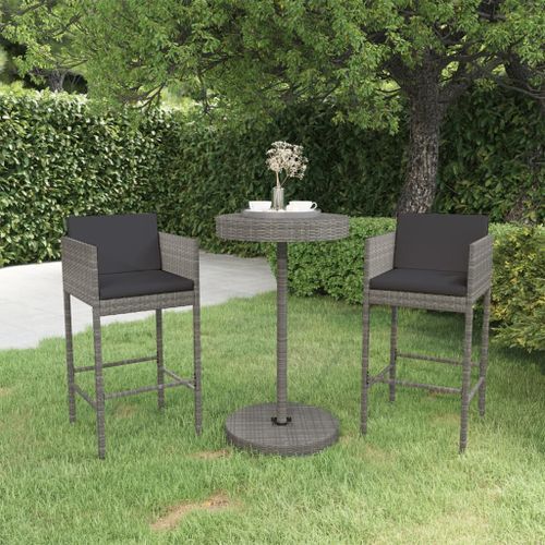 Ensemble de bar de jardin 3 pcs et coussins Résine tressée Gris 13 - Photo n°2; ?>