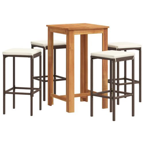 Ensemble de bar de jardin 5 pcs marron bois massif acacia rotin - Photo n°2; ?>