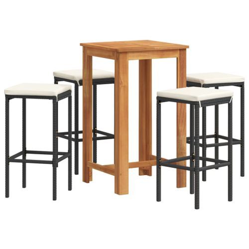 Ensemble de bar de jardin 5 pcs noir bois massif acacia rotin - Photo n°2; ?>