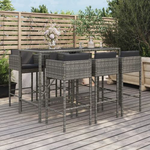 Ensemble de bar de jardin 7 pcs avec coussins gris poly rotin - Photo n°2; ?>