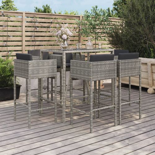 Ensemble de bar de jardin 7 pcs avec coussins gris poly rotin - Photo n°2; ?>