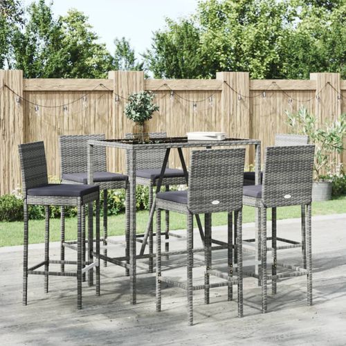 Ensemble de bar de jardin 7 pcs avec coussins gris poly rotin - Photo n°2; ?>