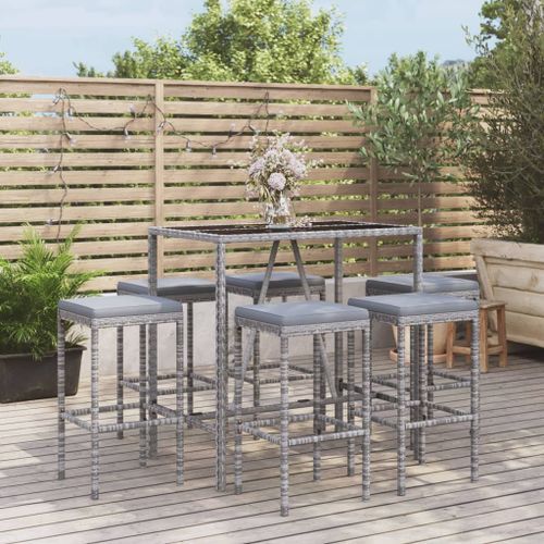 Ensemble de bar de jardin 7 pcs avec coussins gris poly rotin - Photo n°2; ?>