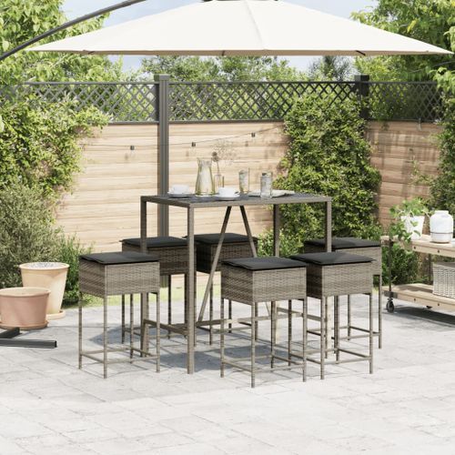 Ensemble de bar de jardin 7 pcs avec coussins gris poly rotin - Photo n°3; ?>