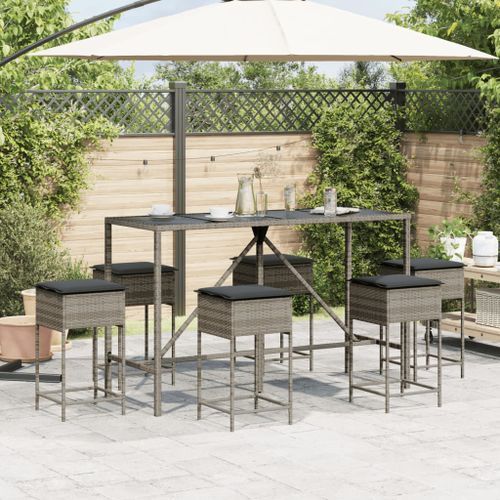 Ensemble de bar de jardin 7 pcs avec coussins gris poly rotin - Photo n°3; ?>