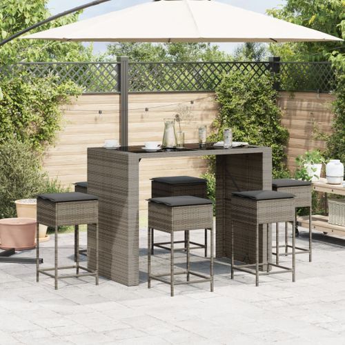 Ensemble de bar de jardin 7 pcs avec coussins gris poly rotin - Photo n°3; ?>