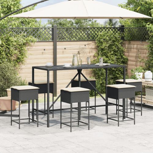 Ensemble de bar de jardin 7 pcs avec coussins noir poly rotin - Photo n°3; ?>