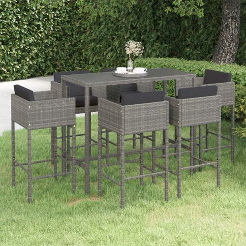 Ensemble de bar de jardin 7 pcs et coussins Résine tressée Gris 6 - Photo n°2; ?>