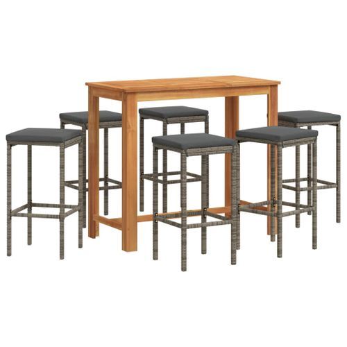 Ensemble de bar de jardin 7 pcs gris bois massif acacia rotin - Photo n°2; ?>