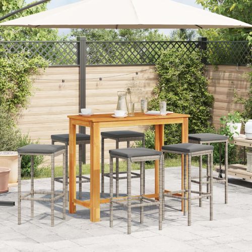 Ensemble de bar de jardin 7 pcs gris bois massif acacia rotin - Photo n°3; ?>