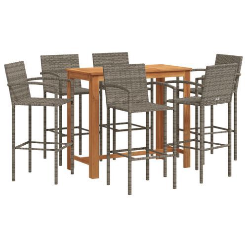 Ensemble de bar de jardin 7 pcs gris bois massif acacia rotin - Photo n°2; ?>