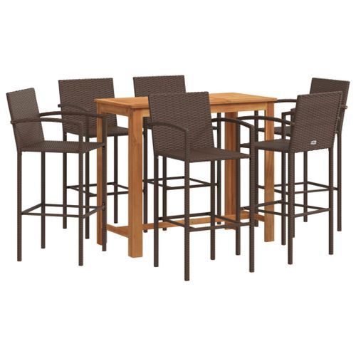 Ensemble de bar de jardin 7 pcs marron bois massif acacia rotin - Photo n°2; ?>