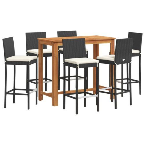 Ensemble de bar de jardin 7 pcs noir bois massif acacia rotin - Photo n°2; ?>