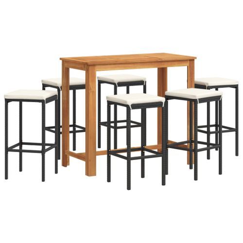 Ensemble de bar de jardin 7 pcs noir bois massif acacia rotin - Photo n°2; ?>