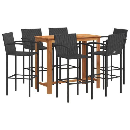 Ensemble de bar de jardin 7 pcs noir bois massif acacia rotin - Photo n°2; ?>