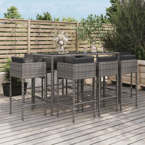 Ensemble de bar de jardin 9 pcs avec coussins gris poly rotin - Photo n°2; ?>