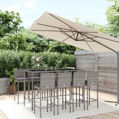 Ensemble de bar de jardin 9 pcs avec coussins gris poly rotin - Photo n°2; ?>