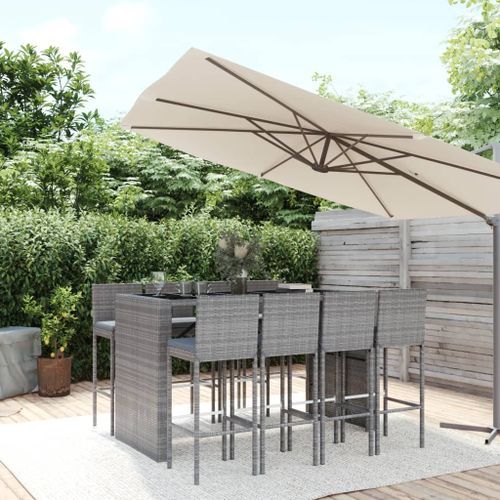 Ensemble de bar de jardin 9 pcs avec coussins gris poly rotin - Photo n°2; ?>