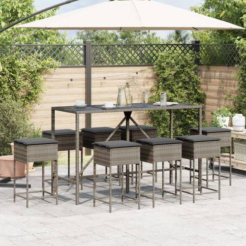 Ensemble de bar de jardin 9 pcs avec coussins gris poly rotin - Photo n°3; ?>