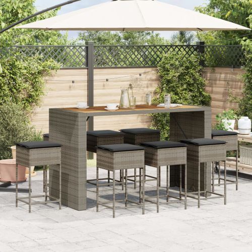 Ensemble de bar de jardin 9 pcs avec coussins gris poly rotin - Photo n°3; ?>