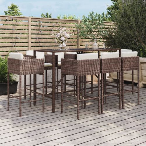 Ensemble de bar de jardin 9 pcs avec coussins marron poly rotin - Photo n°2; ?>