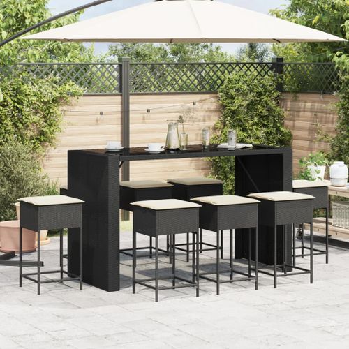 Ensemble de bar de jardin 9 pcs avec coussins noir poly rotin - Photo n°3; ?>