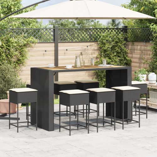 Ensemble de bar de jardin 9 pcs avec coussins noir poly rotin - Photo n°3; ?>