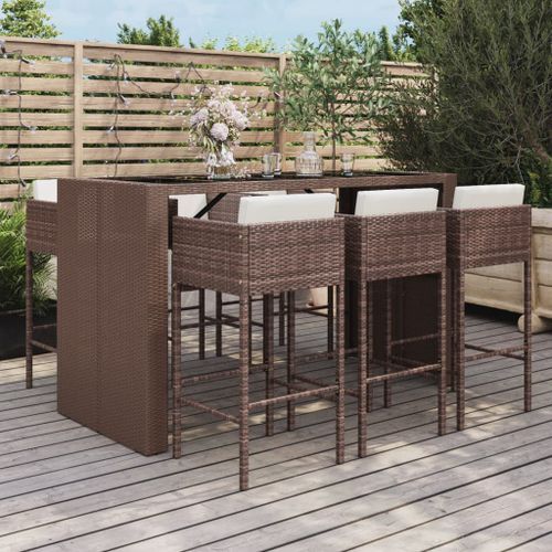 Ensemble de bar de jardin avec coussins 7 pcs marron poly rotin - Photo n°2; ?>