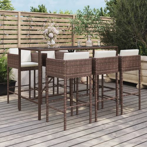 Ensemble de bar de jardin avec coussins 7 pcs marron poly rotin - Photo n°2; ?>