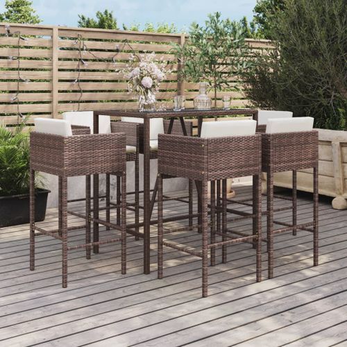 Ensemble de bar de jardin avec coussins 7 pcs marron poly rotin - Photo n°2; ?>