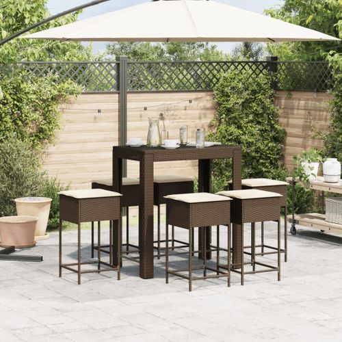 Ensemble de bar de jardin avec coussins 7 pcs marron poly rotin - Photo n°3; ?>