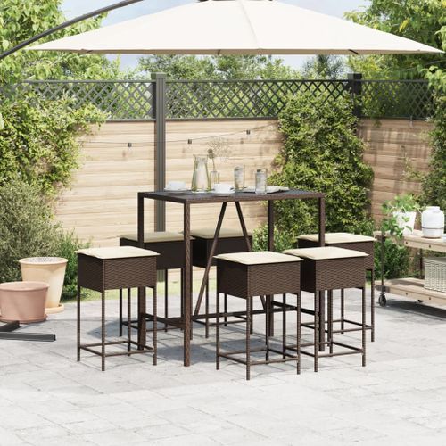 Ensemble de bar de jardin avec coussins 7 pcs marron poly rotin - Photo n°3; ?>