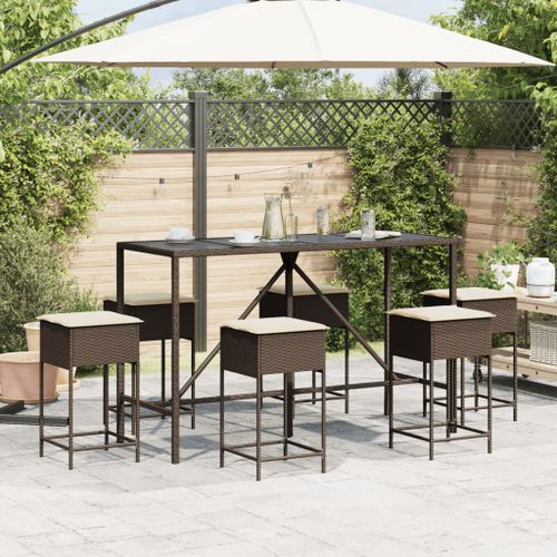 Ensemble de bar de jardin avec coussins 7 pcs marron poly rotin - Photo n°3; ?>