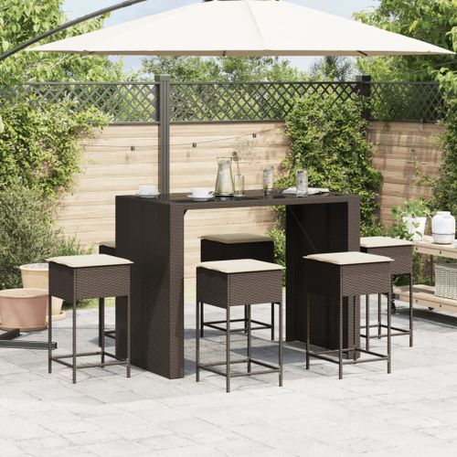 Ensemble de bar de jardin avec coussins 7 pcs marron poly rotin - Photo n°3; ?>