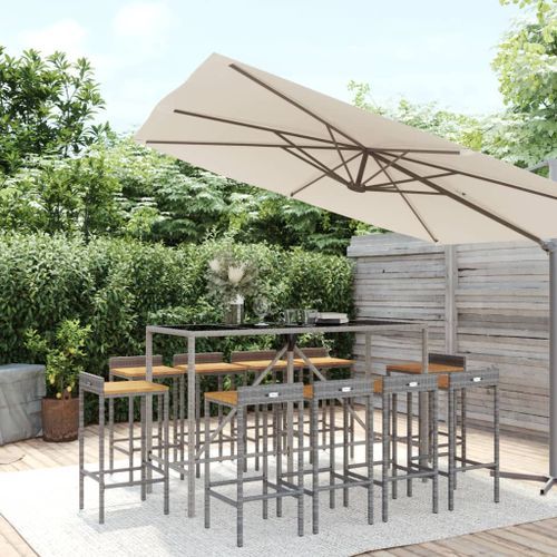 Ensemble de bar jardin 11pcs gris poly rotin/bois massif acacia - Photo n°2; ?>